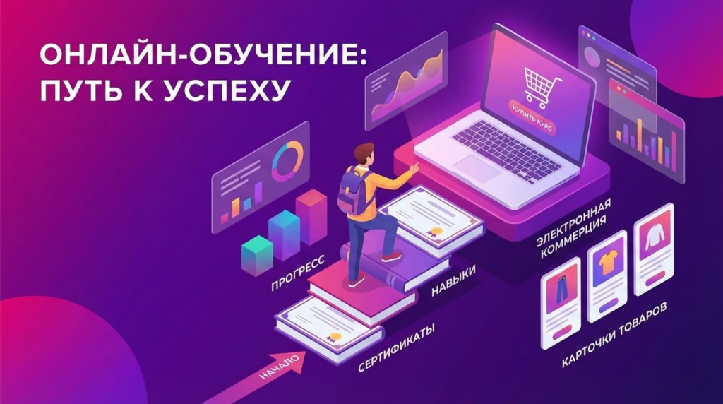 Изометрическая иллюстрация онлайн-обучения продавцов Wildberries: человек поднимается по ступеням из книг к ноутбуку с графиками и карточками товаров