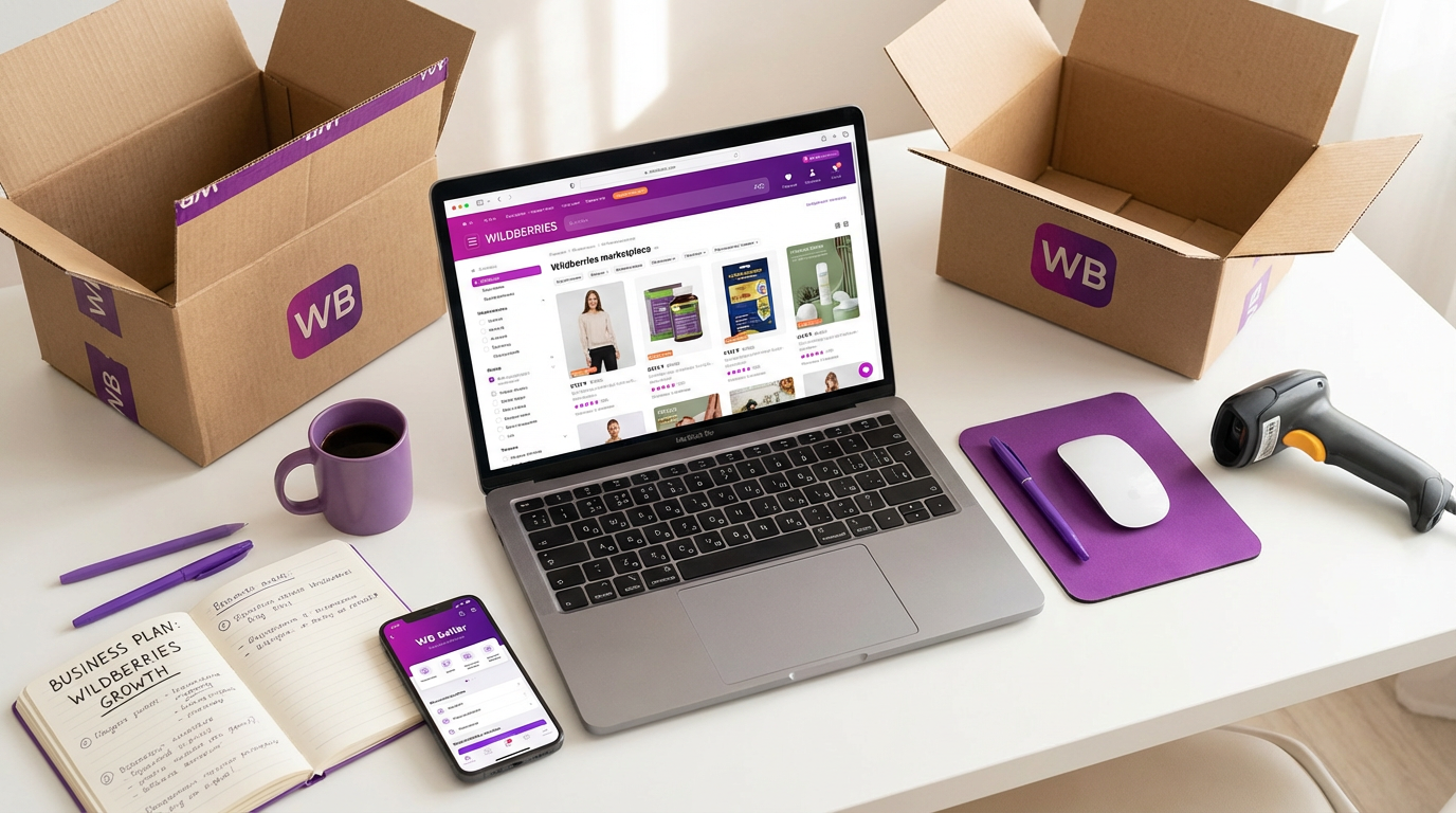 Старт бизнеса на Wildberries — рабочее место продавца с ноутбуком и коробками WB