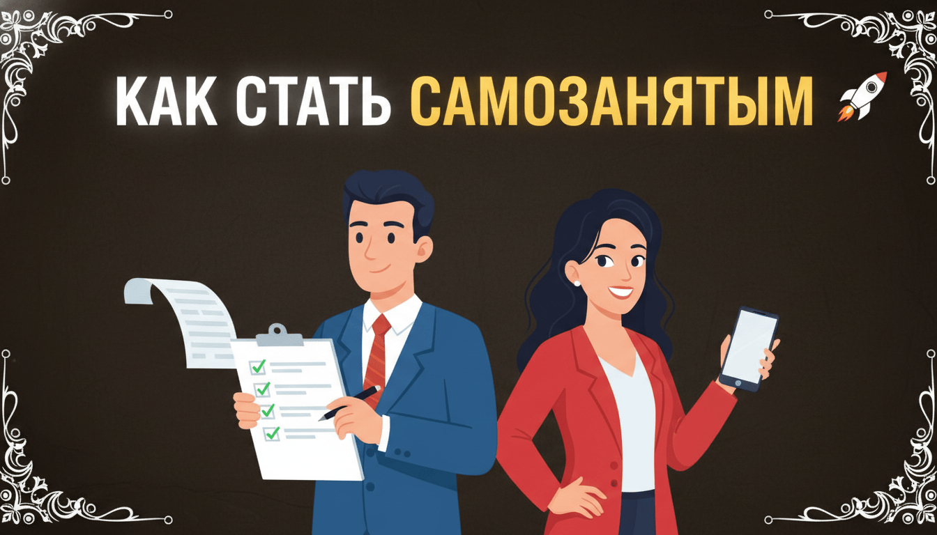 Как стать самозанятым — иллюстрация с бизнесменом, заполняющим чек-лист, и деловой женщиной с телефоном