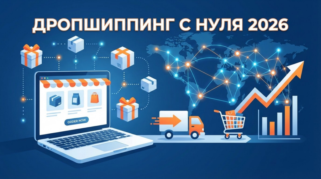 Дропшиппинг с нуля 2026 - иллюстрация бизнес-модели с ноутбуком, коробками товаров и графиком роста
