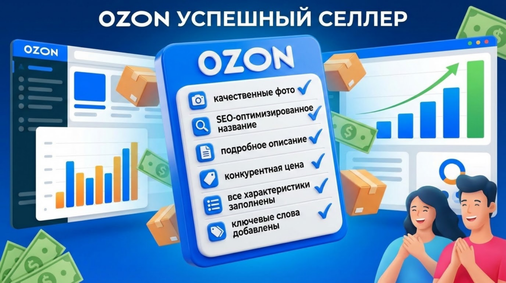 Инфографика-чеклист для заполнения карточки Ozon: качественные фото, SEO-название, описание, цена, характеристики и ключевые слова с галочками
