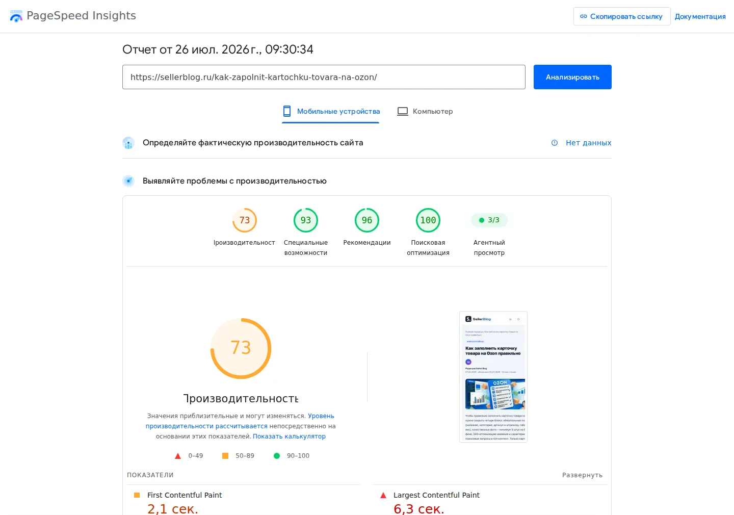Отчёт PageSpeed Insights: Largest Contentful Paint 6,3 секунды при норме 2,5