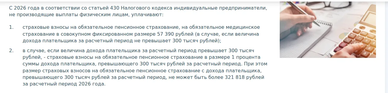 Новость ФНС: фиксированные страховые взносы ИП за 2026 год составляют 57 390 рублей, максимальный дополнительный взнос 1% — 321 818 рублей