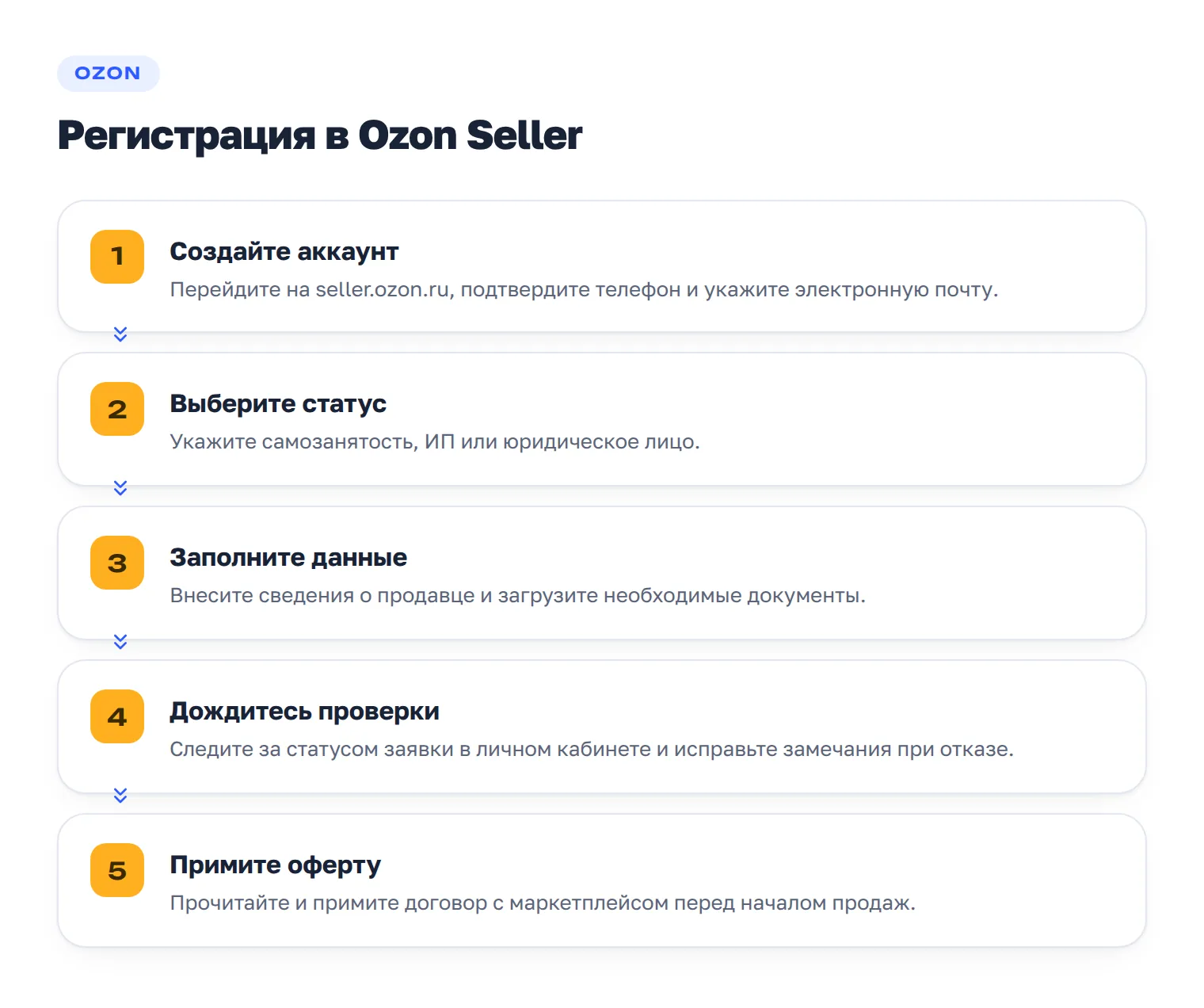 Пять шагов регистрации продавца на Ozon: аккаунт, статус, документы, проверка и оферта.