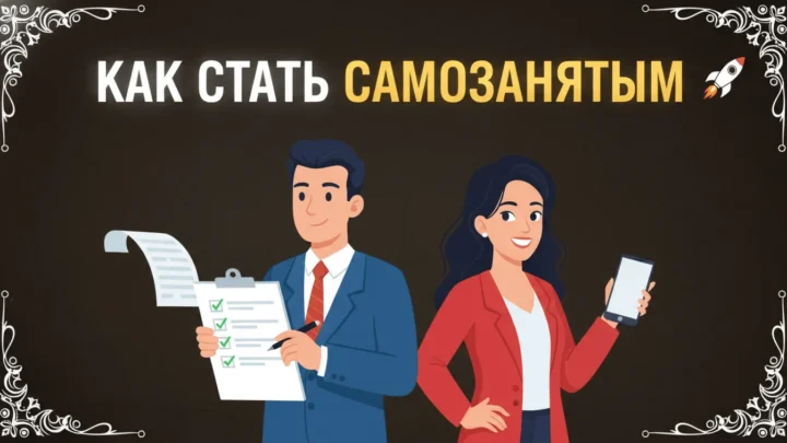 Как стать самозанятым — иллюстрация с бизнесменом, заполняющим чек-лист, и деловой женщиной с телефоном