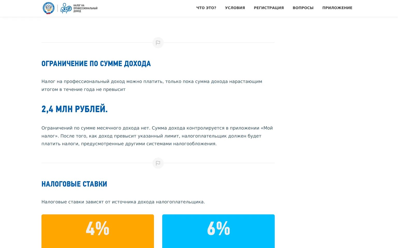 Сайт ФНС о налоге на профессиональный доход: лимит 2,4 млн рублей и ставки 4% и 6%