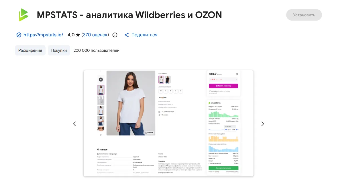 Карточка расширения MPSTATS в Chrome Web Store: рейтинг 4,0 и 200 000 пользователей