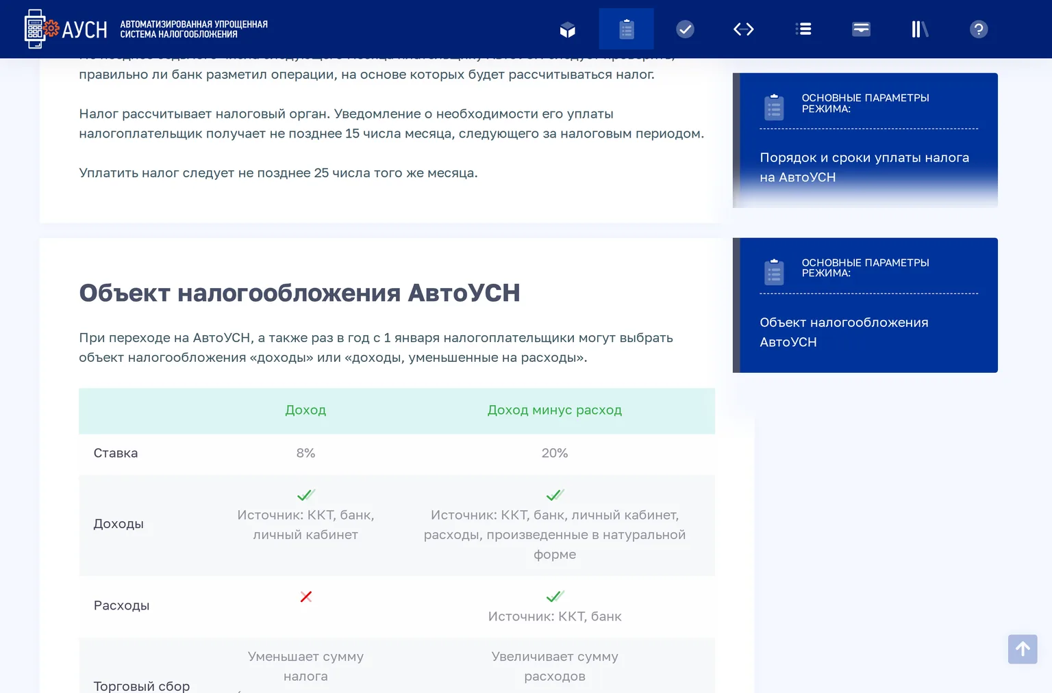 Официальная таблица ставок АвтоУСН: 8% с доходов и 20% с разницы доходы минус расходы