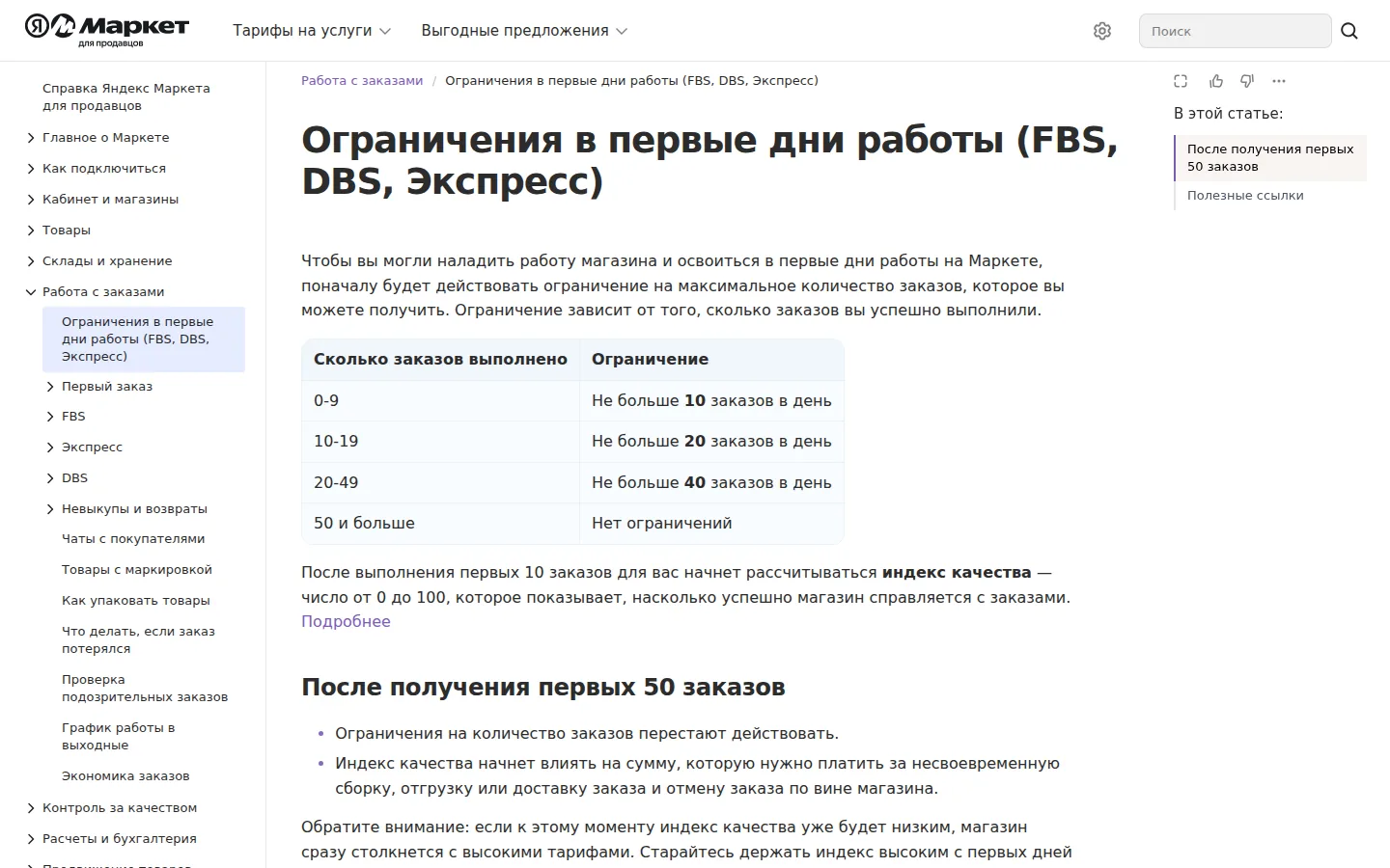 Лимит заказов в первые дни работы и порог в 50 заказов по справке Маркета