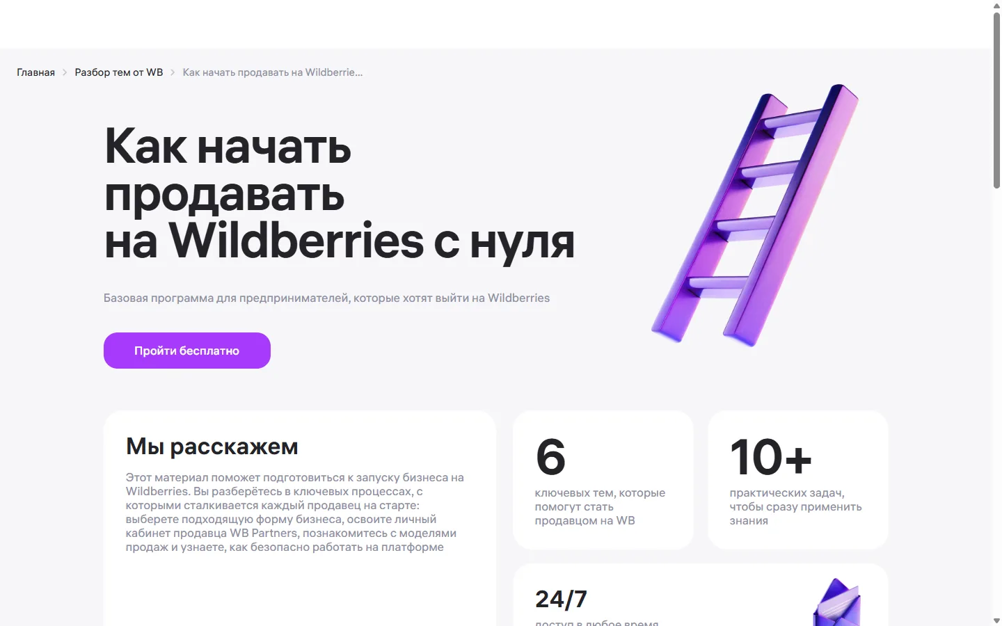 Стартовая программа «Как начать продавать на Wildberries с нуля» на PRO WB: 6 тем, 10+ задач, доступ 24/7