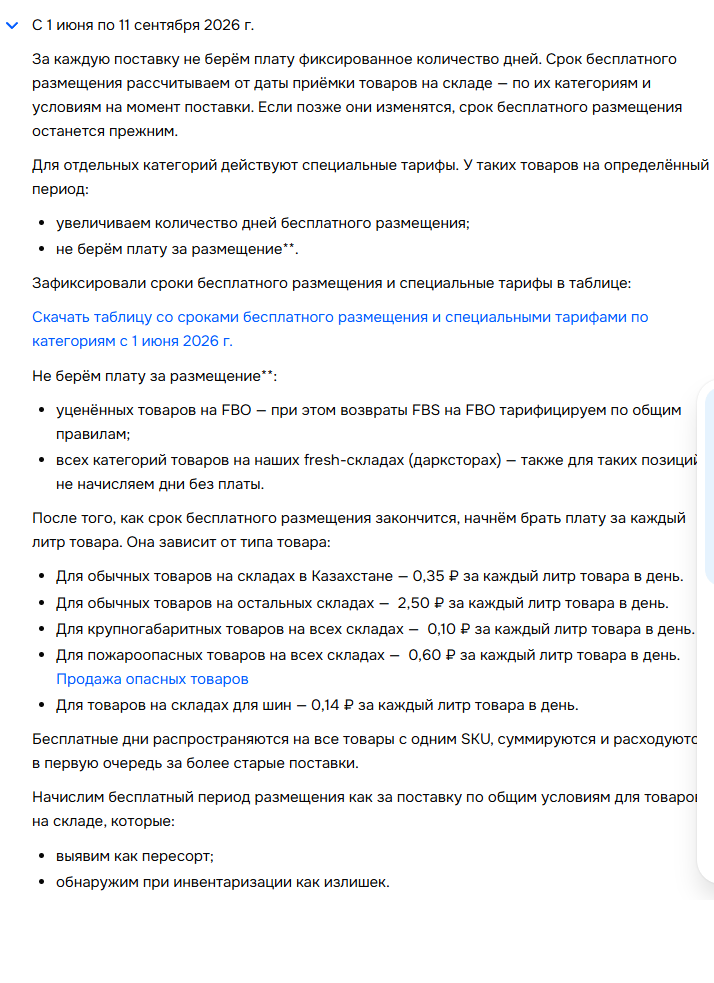 Условия бесплатного размещения и тарифы за литр в день на складах Ozon в базе знаний площадки.